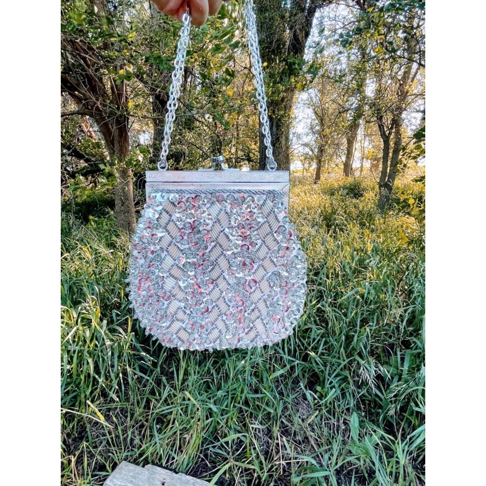 Vintage 1960s Beaded Sequin Liver Formal Purse Lucite Frame - Picture 3 of 12